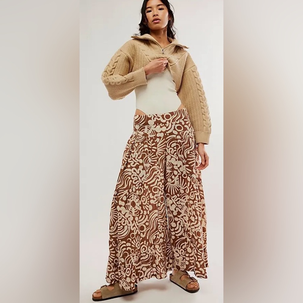 NWT Free People S Dawn on Me Wide Leg Pants in Coconut 🥥 Combo Brown New $128